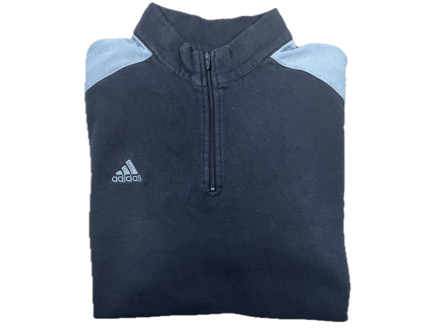 Vintage Adidas Half-Zip Sweater Schwarz L- Herren Pullover mit Backprint Vintage Klamotten, Secondhand Klamotten, Retro Mode, Nachhaltige Mode, Einzigartige Stücke, Zeitlose Mode, Umweltfreundliche Kleidung, Stilvolle Secondhand Mode, Hochwertige Vintage Kleidung