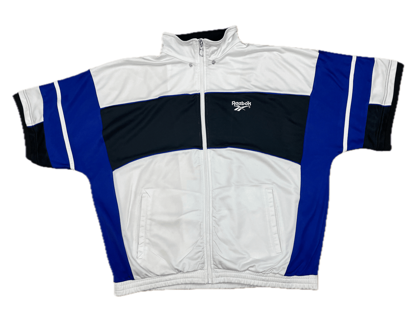 Vintage Reebok Trainingsjacke T-Shirt Weiß/Schwarz/Blau XL - Leichte und Sportliche Herren Jacke Vintage Klamotten, Secondhand Klamotten, Retro Mode, Nachhaltige Mode, Einzigartige Stücke, Zeitlose Mode, Umweltfreundliche Kleidung, Stilvolle Secondhand Mode, Hochwertige Vintage Kleidung