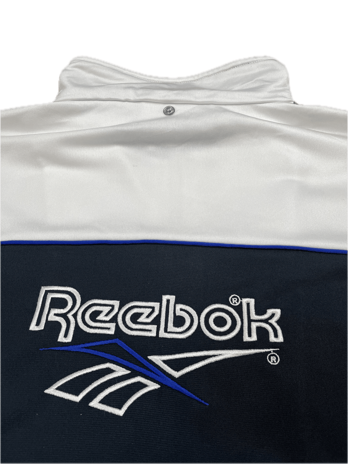 Vintage Reebok Trainingsjacke T-Shirt Weiß/Schwarz/Blau XL - Leichte und Sportliche Herren Jacke Vintage Klamotten, Secondhand Klamotten, Retro Mode, Nachhaltige Mode, Einzigartige Stücke, Zeitlose Mode, Umweltfreundliche Kleidung, Stilvolle Secondhand Mode, Hochwertige Vintage Kleidung