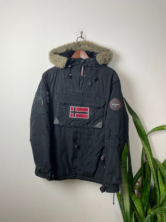 Vintage Geographical Norway Dicke Überziehjacke Schwarz S - Schlichte Herren Winterjacke
