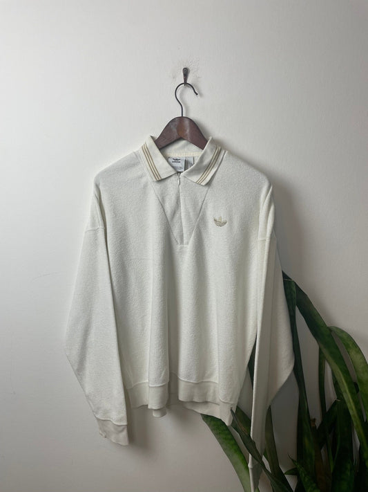 Real Vintage Adidas Half-Zip Sweater Weiß S - Klassischer und Bequemer Pullover Vintage Klamotten, Secondhand Klamotten, Retro Mode, Nachhaltige Mode, Einzigartige Stücke, Zeitlose Mode, Umweltfreundliche Kleidung, Stilvolle Secondhand Mode, Hochwertige Vintage Kleidung