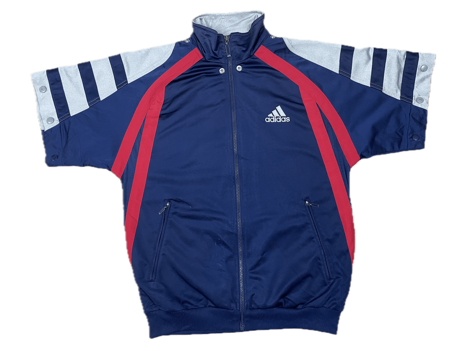 Vintage Adidas Dünne Trainingsjacke T-Shirt Blau/Rot/Grau M - Retro Damen T-Shirt-Jacke mit Backprint Vintage Klamotten, Secondhand Klamotten, Retro Mode, Nachhaltige Mode, Einzigartige Stücke, Zeitlose Mode, Umweltfreundliche Kleidung, Stilvolle Secondhand Mode, Hochwertige Vintage Kleidung