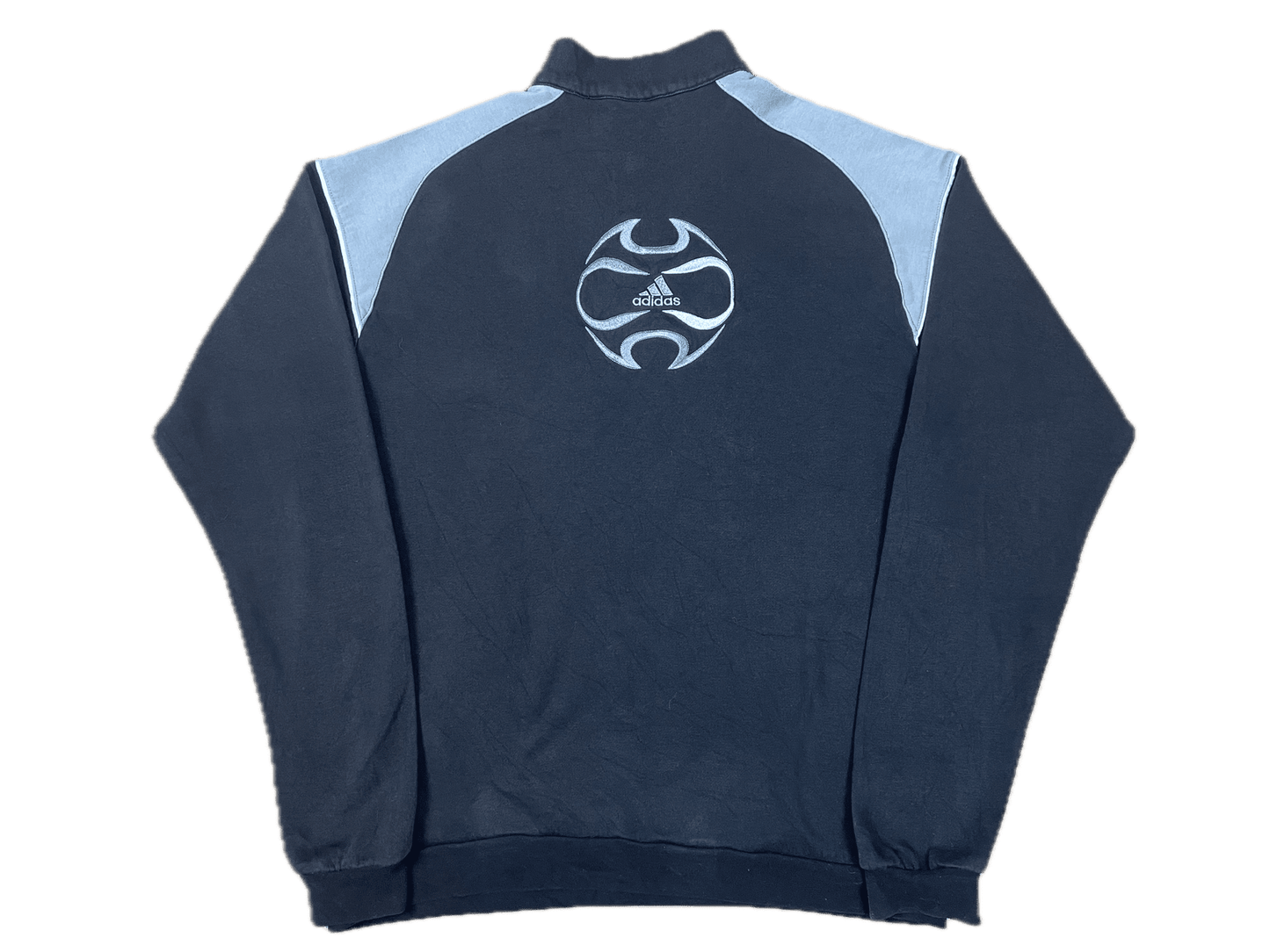 Vintage Adidas Half-Zip Sweater Schwarz L- Herren Pullover mit Backprint Vintage Klamotten, Secondhand Klamotten, Retro Mode, Nachhaltige Mode, Einzigartige Stücke, Zeitlose Mode, Umweltfreundliche Kleidung, Stilvolle Secondhand Mode, Hochwertige Vintage Kleidung