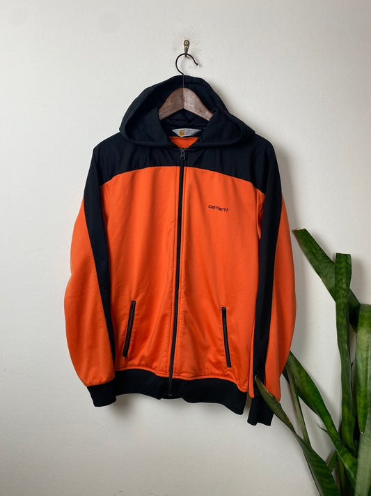 Vintage Carhartt Kapuzenjacke Orange/Schwarz M - Leichte Lockere Damen Jacke Vintage Klamotten, Secondhand Klamotten, Retro Mode, Nachhaltige Mode, Einzigartige Stücke, Zeitlose Mode, Umweltfreundliche Kleidung, Stilvolle Secondhand Mode, Hochwertige Vintage Kleidung
