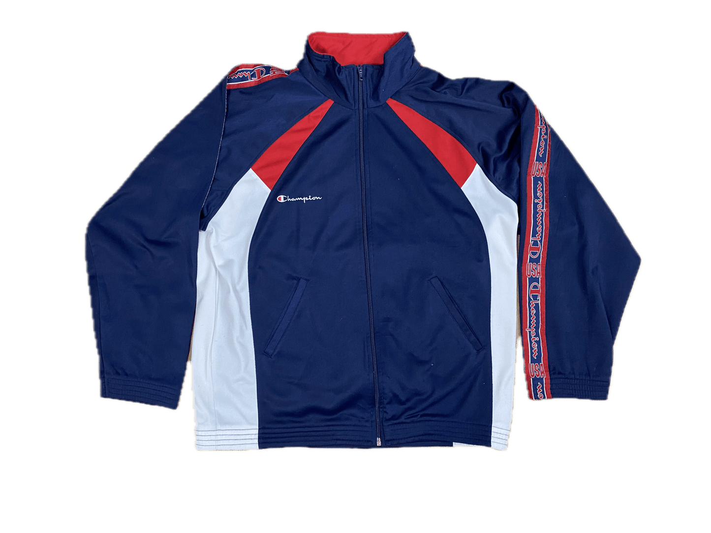 Vintage Champion Trainingsjacke Dunkelblau/Rot M - Klassische und Bequeme Jacke Vintage Klamotten, Secondhand Klamotten, Retro Mode, Nachhaltige Mode, Einzigartige Stücke, Zeitlose Mode, Umweltfreundliche Kleidung, Stilvolle Secondhand Mode, Hochwertige Vintage Kleidung