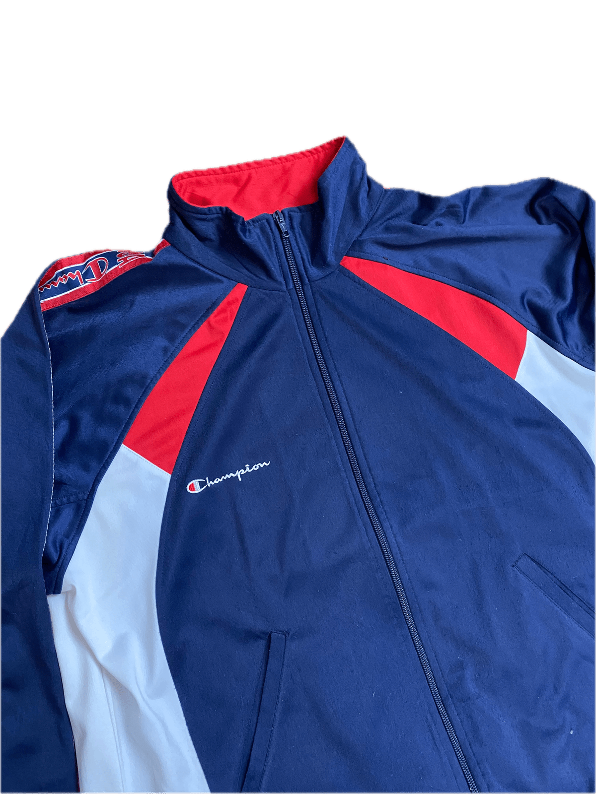 Vintage Champion Trainingsjacke Dunkelblau/Rot M - Klassische und Bequeme Jacke Vintage Klamotten, Secondhand Klamotten, Retro Mode, Nachhaltige Mode, Einzigartige Stücke, Zeitlose Mode, Umweltfreundliche Kleidung, Stilvolle Secondhand Mode, Hochwertige Vintage Kleidung