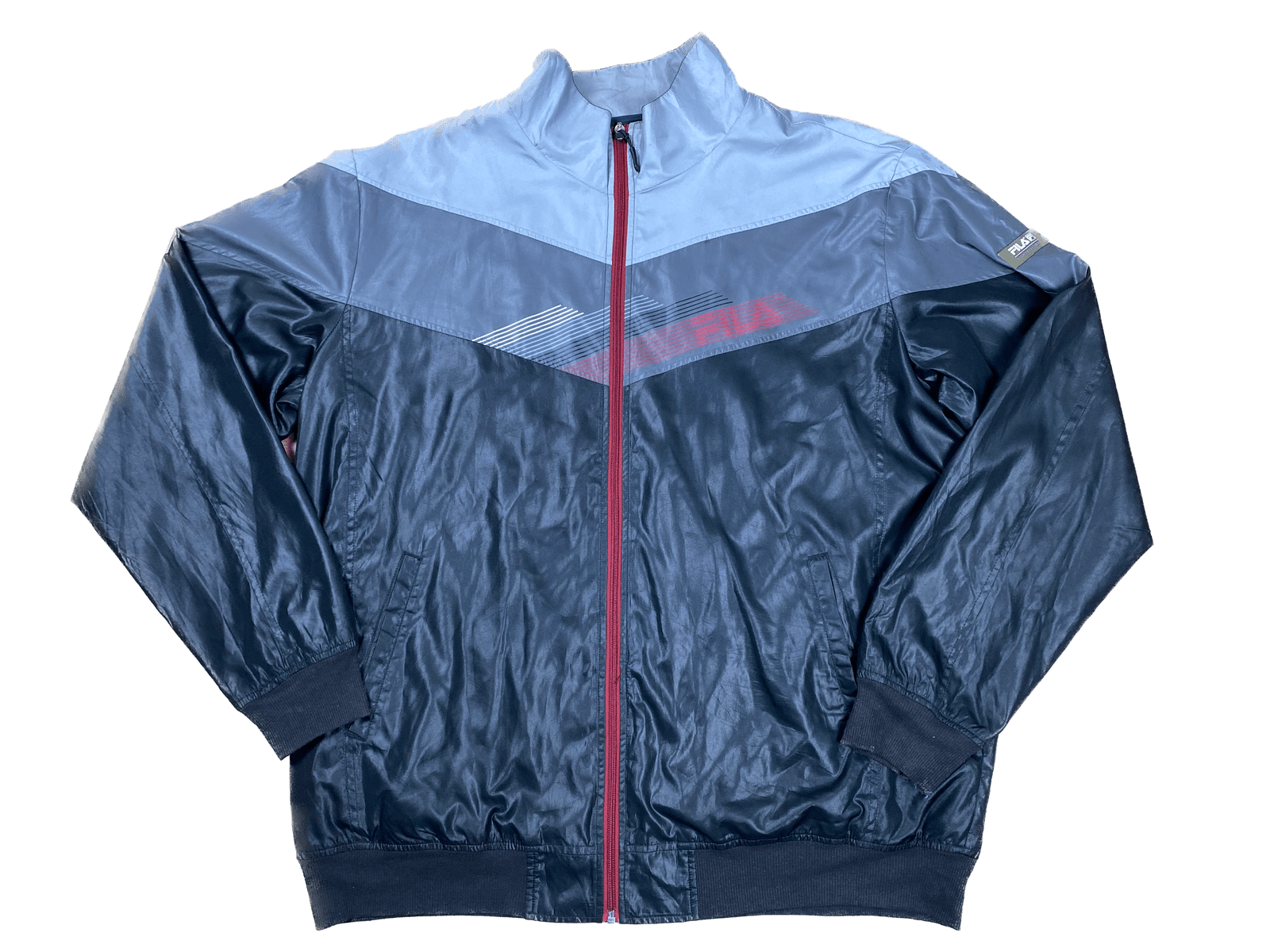 Vintage FILA Leichte Jacke Schwarz/Grau XXL - Lockere Herren Jacke Vintage Klamotten, Secondhand Klamotten, Retro Mode, Nachhaltige Mode, Einzigartige Stücke, Zeitlose Mode, Umweltfreundliche Kleidung, Stilvolle Secondhand Mode, Hochwertige Vintage Kleidung