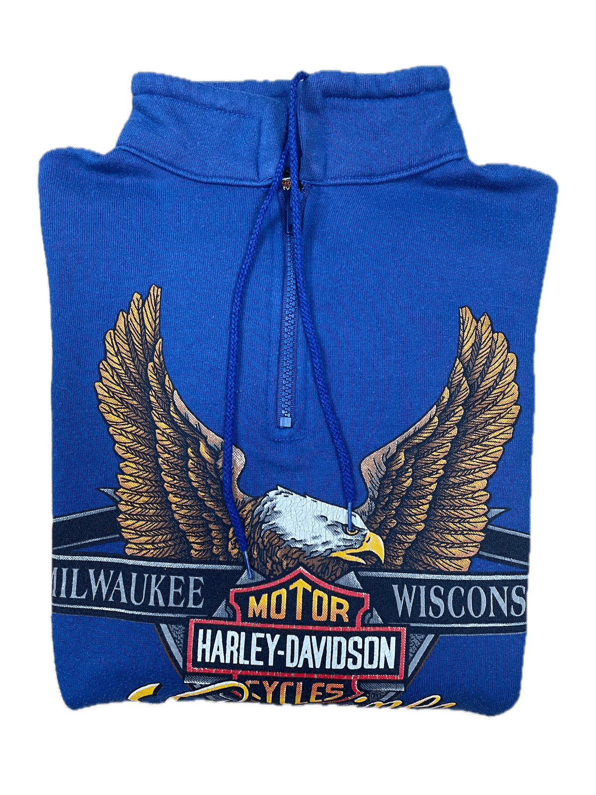 Vintage Harley Davidson Half-Zip Sweater Blau M - Cooler Harley Herren Pullover Vintage Klamotten, Secondhand Klamotten, Retro Mode, Nachhaltige Mode, Einzigartige Stücke, Zeitlose Mode, Umweltfreundliche Kleidung, Stilvolle Secondhand Mode, Hochwertige Vintage Kleidung