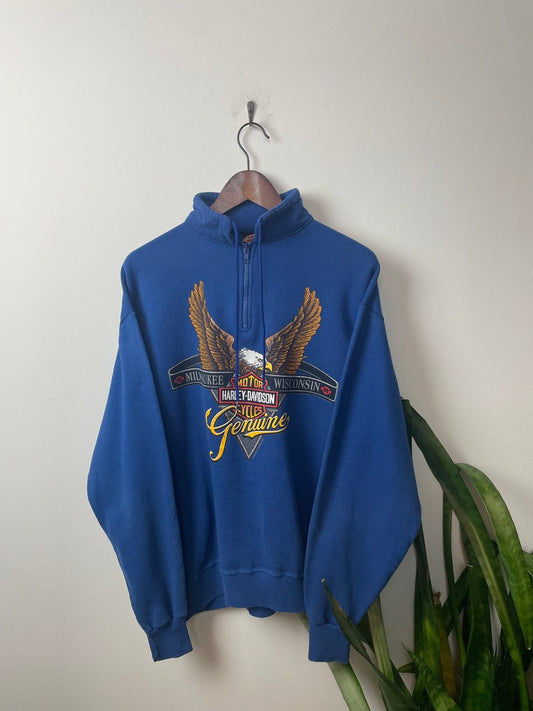 Vintage Harley Davidson Half-Zip Sweater Blau M - Cooler Harley Herren Pullover Vintage Klamotten, Secondhand Klamotten, Retro Mode, Nachhaltige Mode, Einzigartige Stücke, Zeitlose Mode, Umweltfreundliche Kleidung, Stilvolle Secondhand Mode, Hochwertige Vintage Kleidung