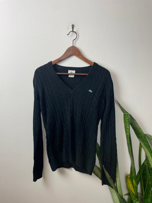 Vintage Lacoste Sweater Pullover mit V-Ausschnitt Schwarz S - Klassischer und Bequemer Pullover Vintage Klamotten, Secondhand Klamotten, Retro Mode, Nachhaltige Mode, Einzigartige Stücke, Zeitlose Mode, Umweltfreundliche Kleidung, Stilvolle Secondhand Mode, Hochwertige Vintage Kleidung