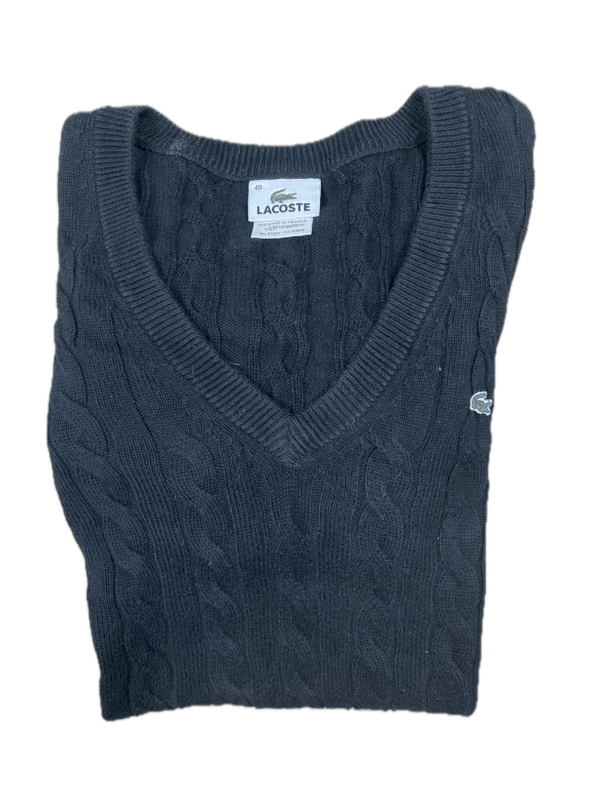 Vintage Lacoste Sweater Pullover mit V-Ausschnitt Schwarz S - Klassischer und Bequemer Pullover Vintage Klamotten, Secondhand Klamotten, Retro Mode, Nachhaltige Mode, Einzigartige Stücke, Zeitlose Mode, Umweltfreundliche Kleidung, Stilvolle Secondhand Mode, Hochwertige Vintage Kleidung