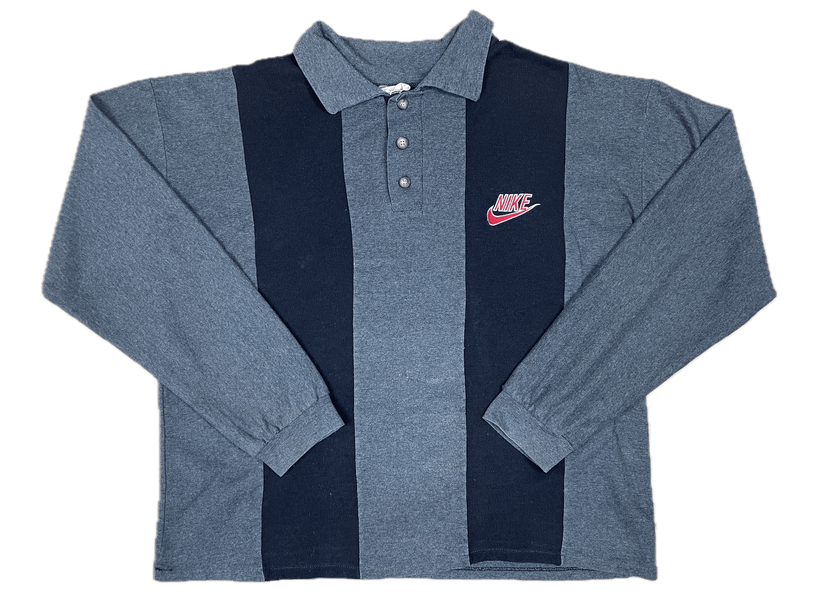 Vintage Nike Sweater Grau/Schwarz L - Schickes Gestreiftes Longsleeve für Herren - Made in U.S.A Vintage Klamotten, Secondhand Klamotten, Retro Mode, Nachhaltige Mode, Einzigartige Stücke, Zeitlose Mode, Umweltfreundliche Kleidung, Stilvolle Secondhand Mode, Hochwertige Vintage Kleidung