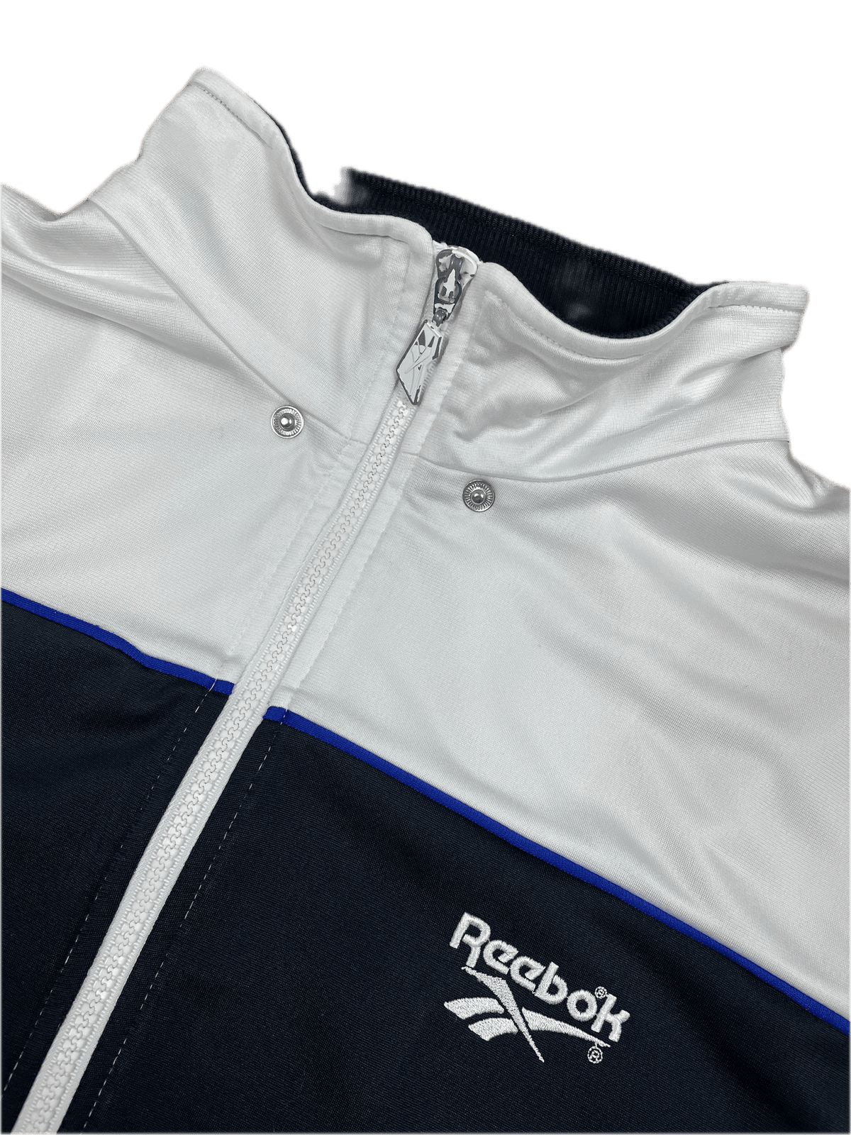 Vintage Reebok Trainingsjacke T-Shirt Weiß/Schwarz/Blau XL - Leichte und Sportliche Herren Jacke Vintage Klamotten, Secondhand Klamotten, Retro Mode, Nachhaltige Mode, Einzigartige Stücke, Zeitlose Mode, Umweltfreundliche Kleidung, Stilvolle Secondhand Mode, Hochwertige Vintage Kleidung