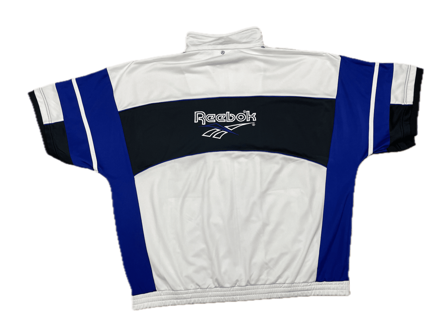 Vintage Reebok Trainingsjacke T-Shirt Weiß/Schwarz/Blau XL - Leichte und Sportliche Herren Jacke Vintage Klamotten, Secondhand Klamotten, Retro Mode, Nachhaltige Mode, Einzigartige Stücke, Zeitlose Mode, Umweltfreundliche Kleidung, Stilvolle Secondhand Mode, Hochwertige Vintage Kleidung