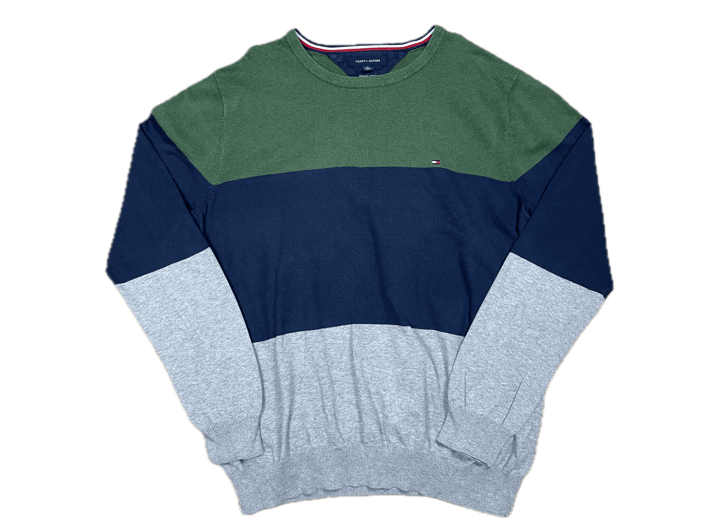 Vintage Tommy Hilfiger Sweater Grün/Blau/Grau Gestreift XL - Lockerer und Bequemer Herren Pullover Vintage Klamotten, Secondhand Klamotten, Retro Mode, Nachhaltige Mode, Einzigartige Stücke, Zeitlose Mode, Umweltfreundliche Kleidung, Stilvolle Secondhand Mode, Hochwertige Vintage Kleidung