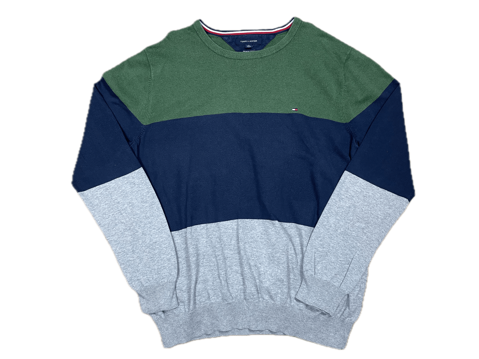 Vintage Tommy Hilfiger Sweater Grün/Blau/Grau Gestreift XL - Lockerer und Bequemer Herren Pullover Vintage Klamotten, Secondhand Klamotten, Retro Mode, Nachhaltige Mode, Einzigartige Stücke, Zeitlose Mode, Umweltfreundliche Kleidung, Stilvolle Secondhand Mode, Hochwertige Vintage Kleidung