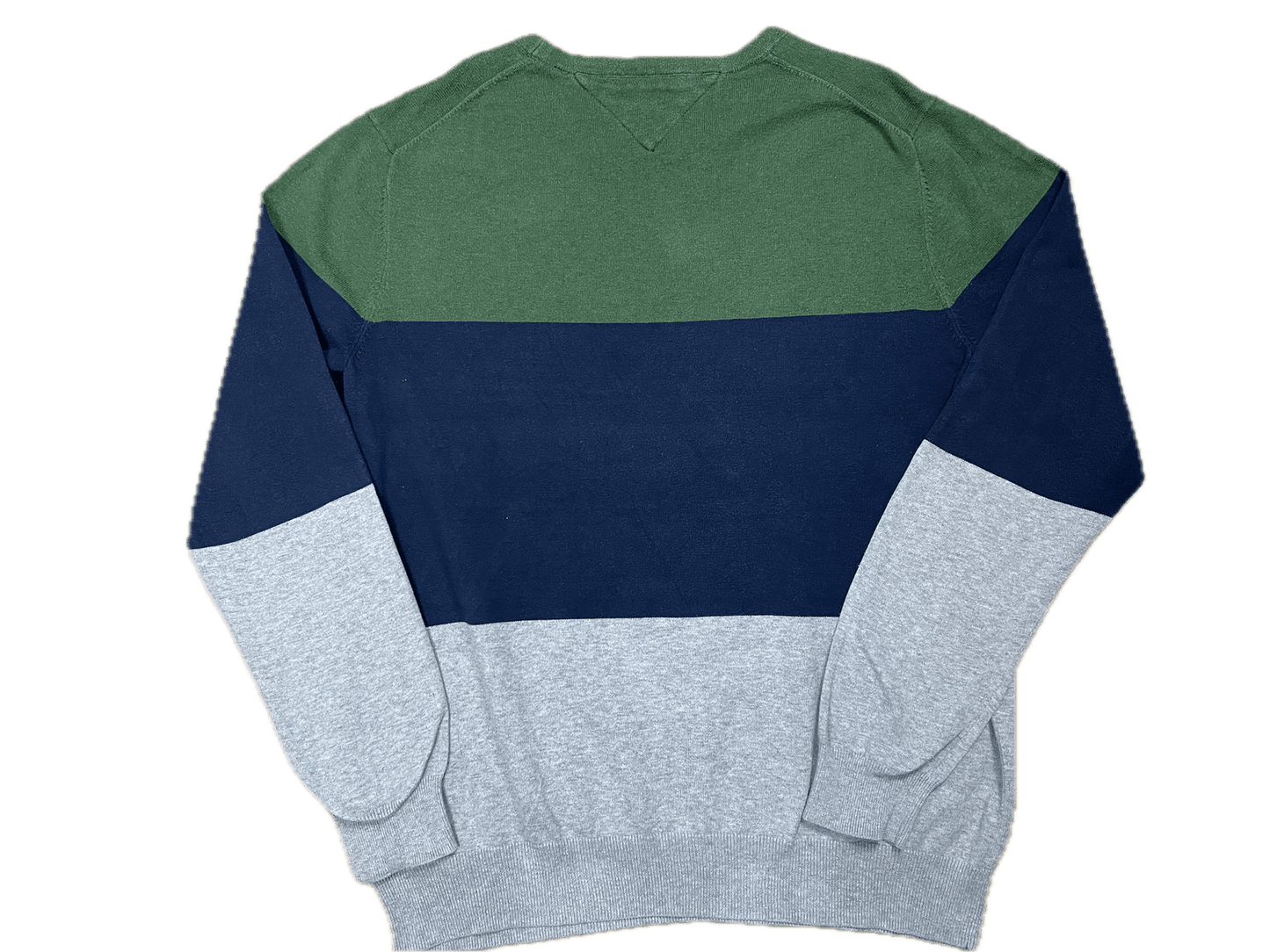 Vintage Tommy Hilfiger Sweater Grün/Blau/Grau Gestreift XL - Lockerer und Bequemer Herren Pullover Vintage Klamotten, Secondhand Klamotten, Retro Mode, Nachhaltige Mode, Einzigartige Stücke, Zeitlose Mode, Umweltfreundliche Kleidung, Stilvolle Secondhand Mode, Hochwertige Vintage Kleidung